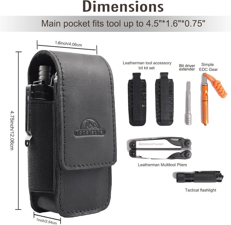 topstache Multitool Sheath with Belt Clip - EDC Belt Organizer Multi Tool Case - Leather Multitool Holster for Belt - Magnetic Closure Leather Multitool Pouch Fits Folding Tool, Black - Image 4